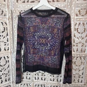 NY&CO Y2K Sheer Mesh Printed Long Sleeve Top Women’s LARGE Black Whimsy Festival